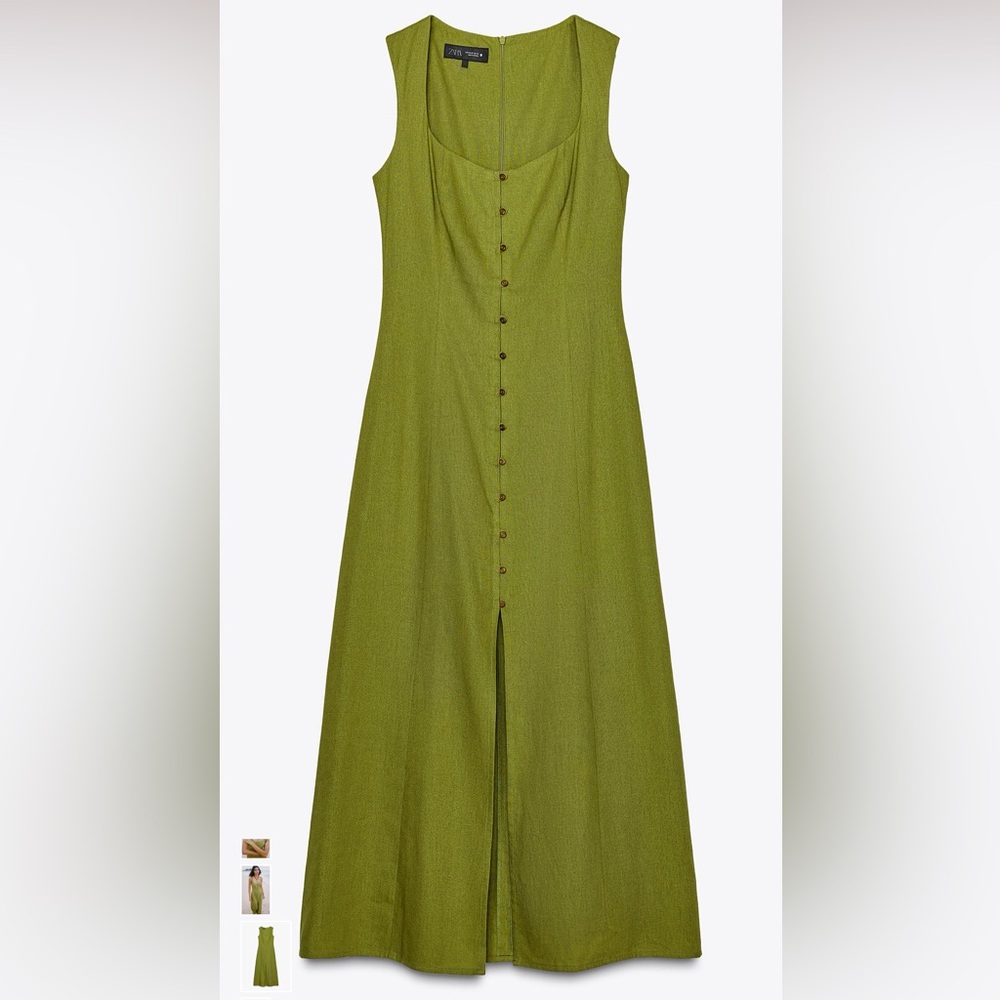 Zara Green Linen Midi Dress with Button Detail